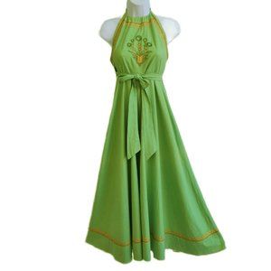 Vintage 60s Hippie Boho Halter Maxi Moroccan Wrap Dress Flower Rope Stitching